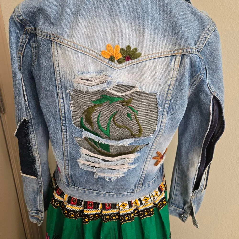 Custom made One Fine Day Boutique Blue Jean Jacket with Green Horse Embroidery S